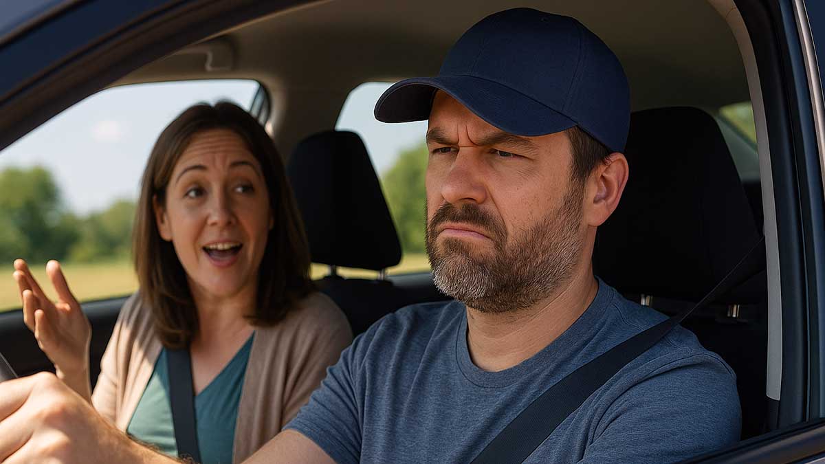 wife annoying husband in car