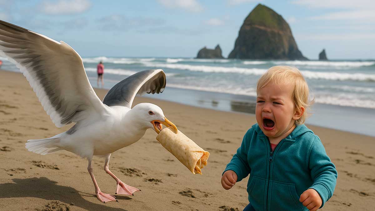 A seagull steals a burrito from a toddler on a beach in Oregon