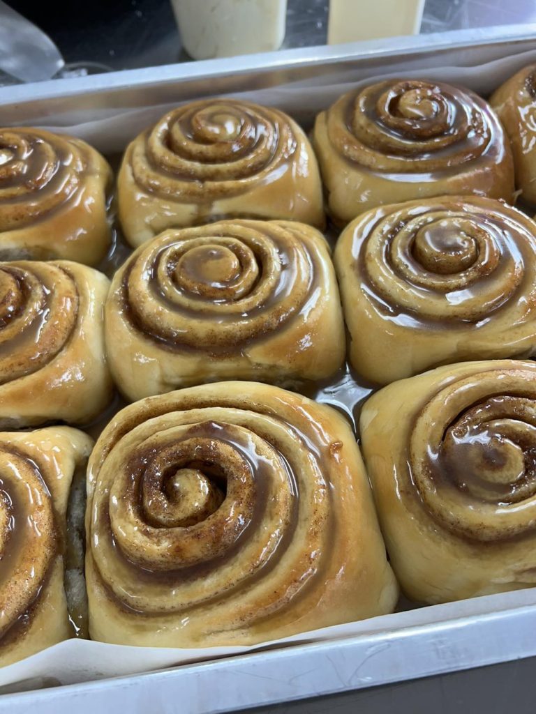 A tray of cinnamon rolls fresh out of the oven at Salmon Harbor Cafe and Mercantile.