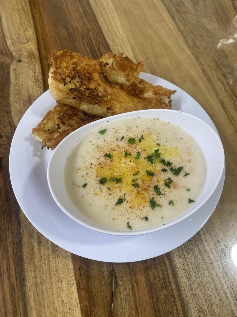 Clam chowder with Parmesan garlic focaccia toast.