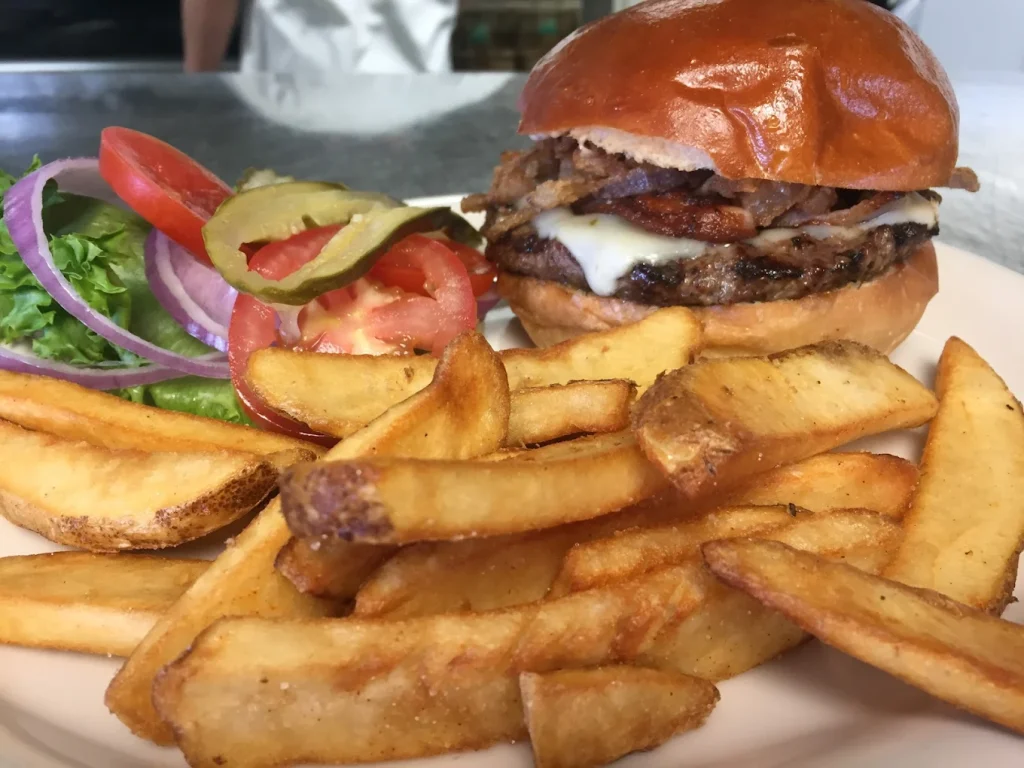 A burger and fries. It looks delicious!