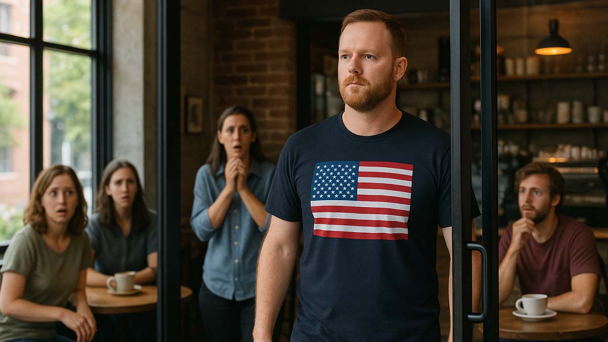 man wearing American flag t-shirt