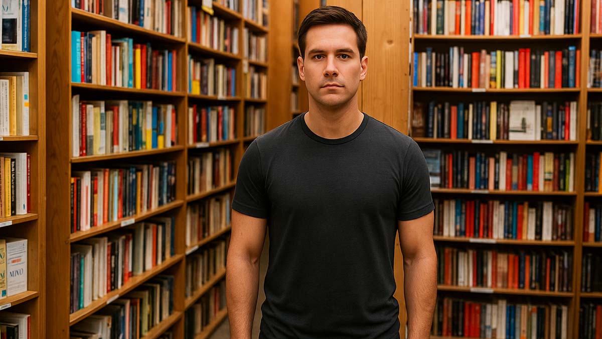 Man with no tattoos at Powells