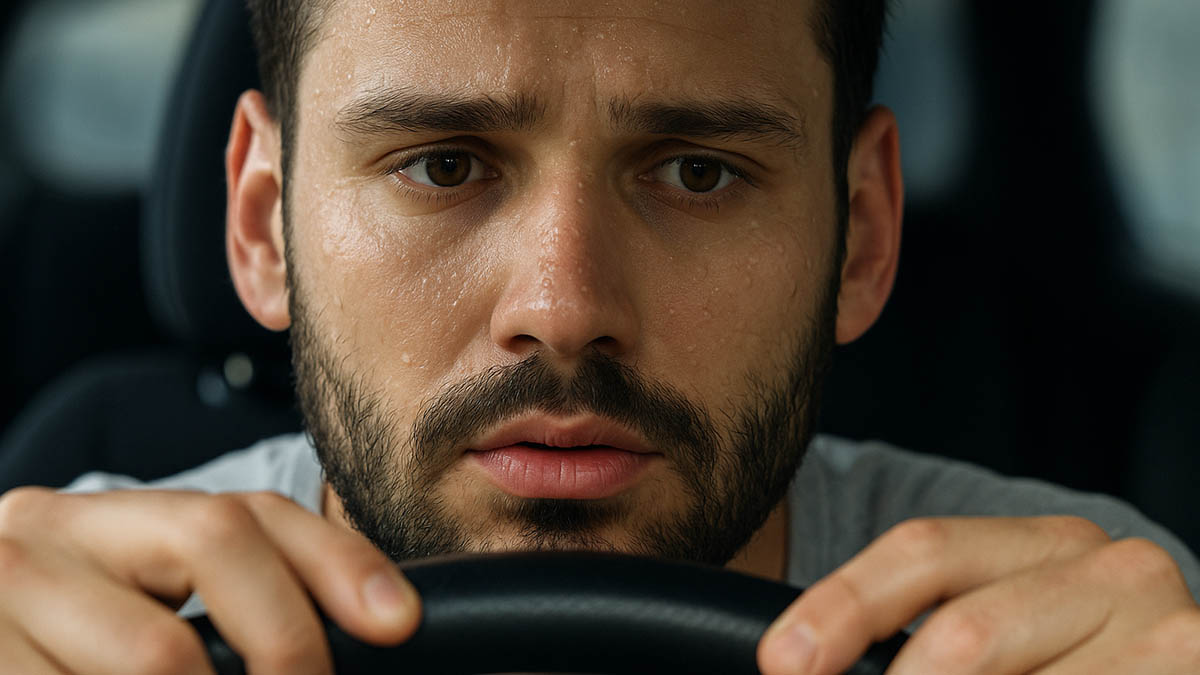 man sweating in car