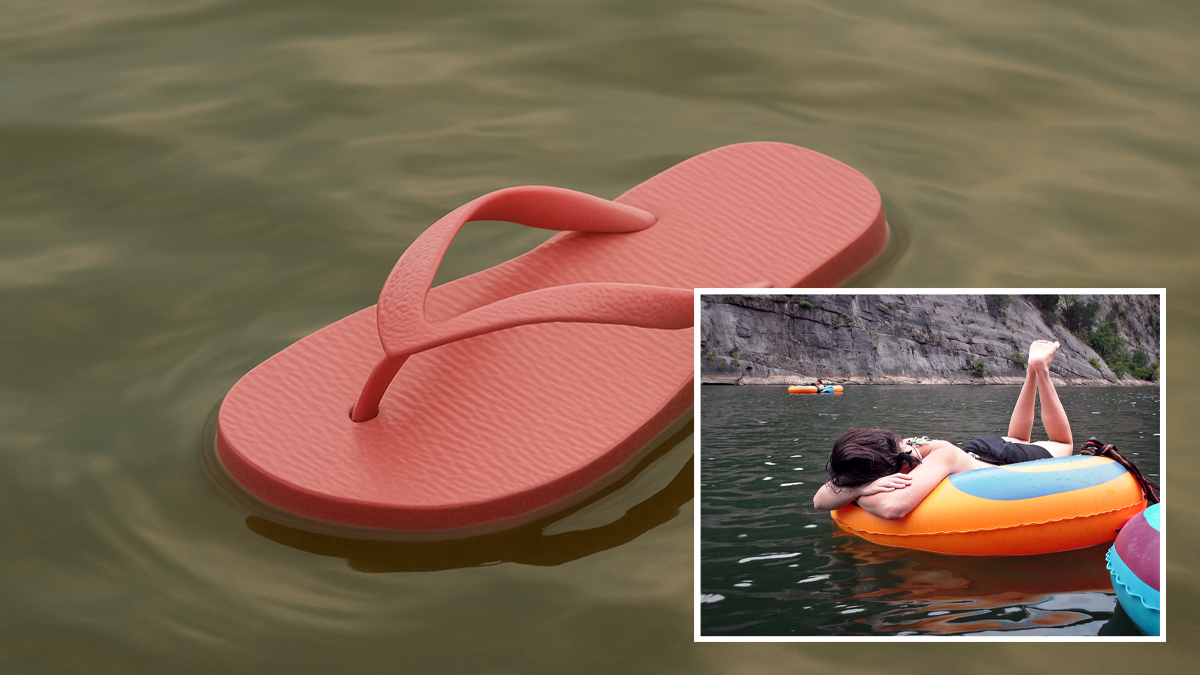 woman floating loses flip flop