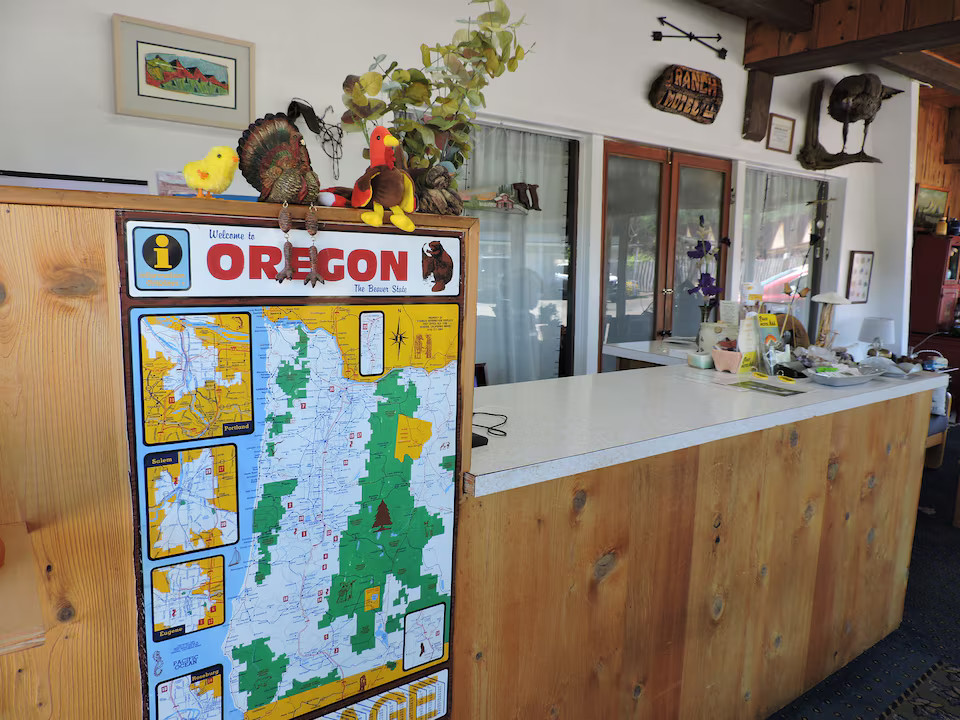 The cute interior of the lobby at The Ranch Motel.