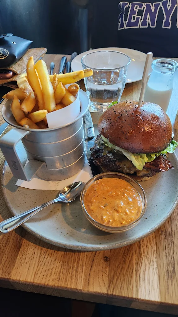 A burger, fries, and sauce at RBC.