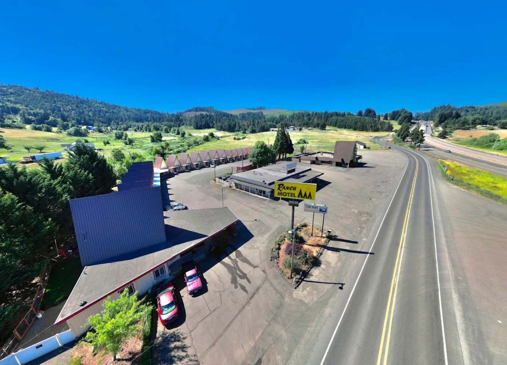 An aerial view of The Ranch Motel.