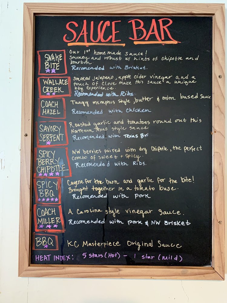 The sauce bar menu at Rattlesnake BBQ in Dexter, Oregon.