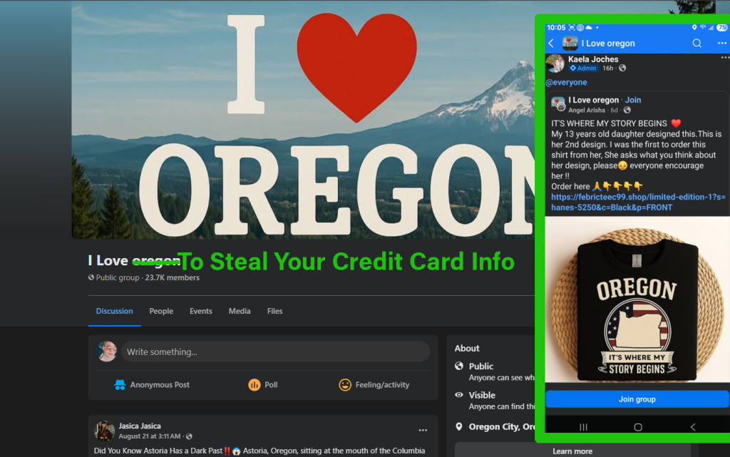 Facebook groups, Phishing Scams, Shill Accounts, Oregon History (State), I Love Oregon, cyber security, online safety, t-shirt selling scams, 2025, fake accounts, bot posting