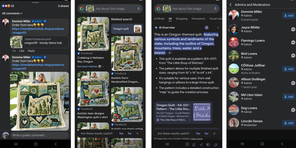Facebook groups, Phishing Scams, Shill Accounts, Oregon History (State), I Love Oregon, cyber security, online safety, t-shirt selling scams, 2025, fake accounts, bot posting