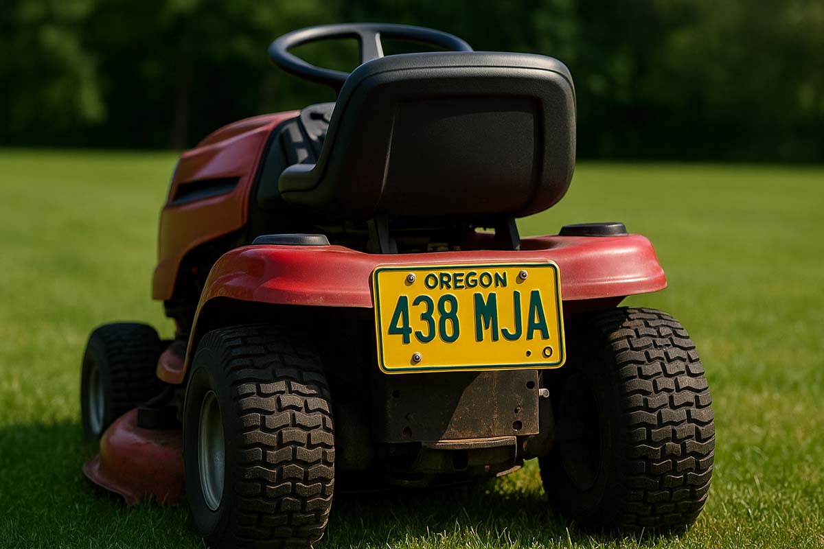 lawn mower with license plate in Oregon