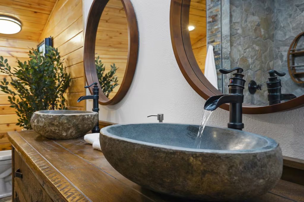 Double stone basin sinks in the bathroom.