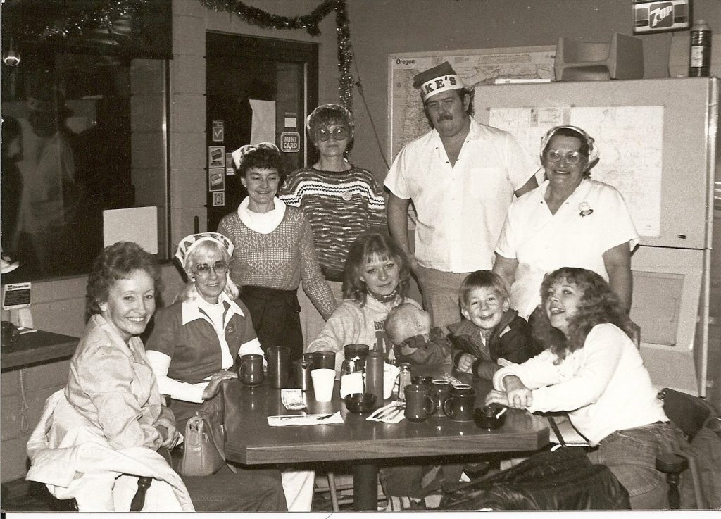 A black and white photo of the crew at Jake's in 1982.