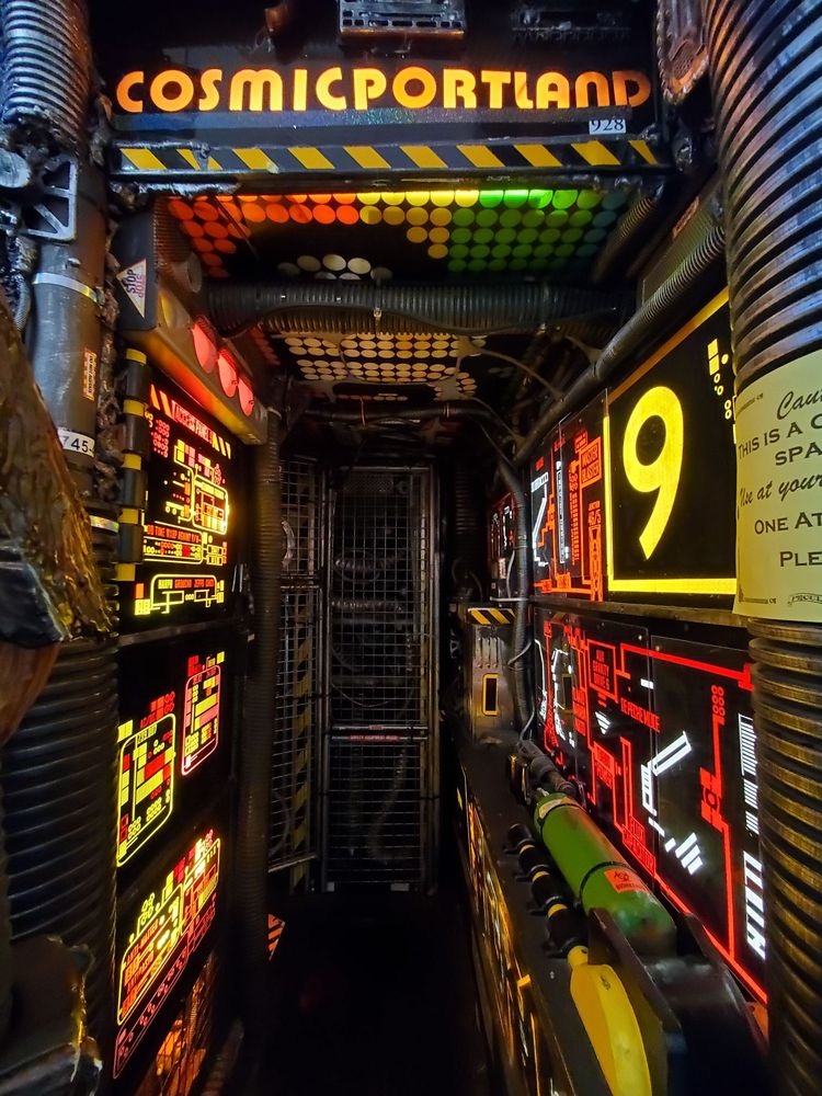 A cool looking display that looks like a corridor from a futuristic space ship of some kind.