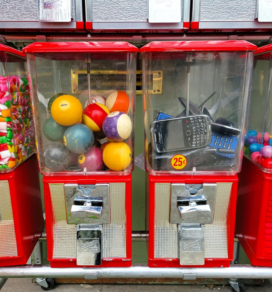 Weird stuff inside candy vending machines like pool balls and old cell phones.