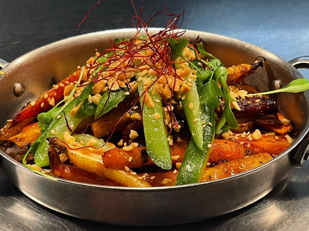 Roasted Heirloom Carrots. Gochujang, Asazuke, Cilantro, Peanuts, Chili threads.