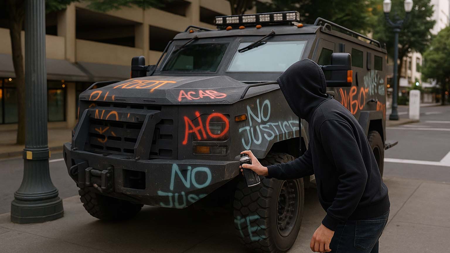 armored vehicle covered in graffiti, Portland, Oregon