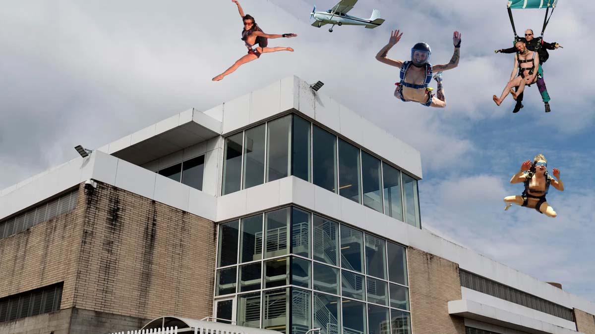 Photo of naked protesters skydiving over the Portland ICE building with a small Cessna plane in the background