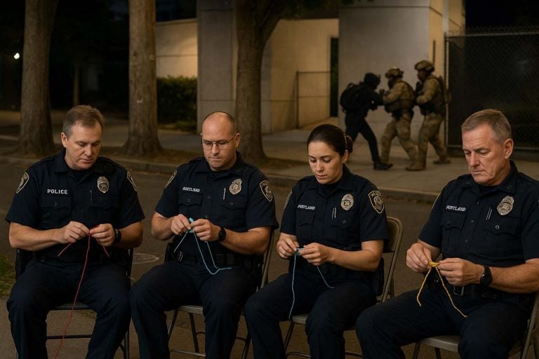 Portland Police Host Knitting Circle Across the Street While Feds Make Arrests at ICE Building