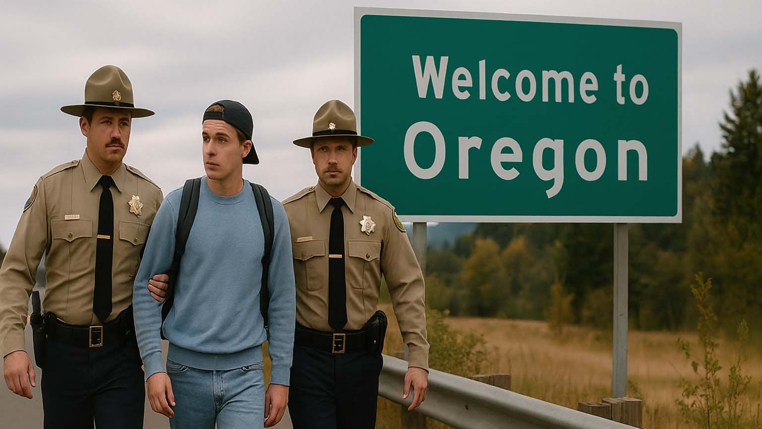 Deported_From_Oregon Oregon State Troopers escorting a confused tourist toward the California state border on a rural highway.
