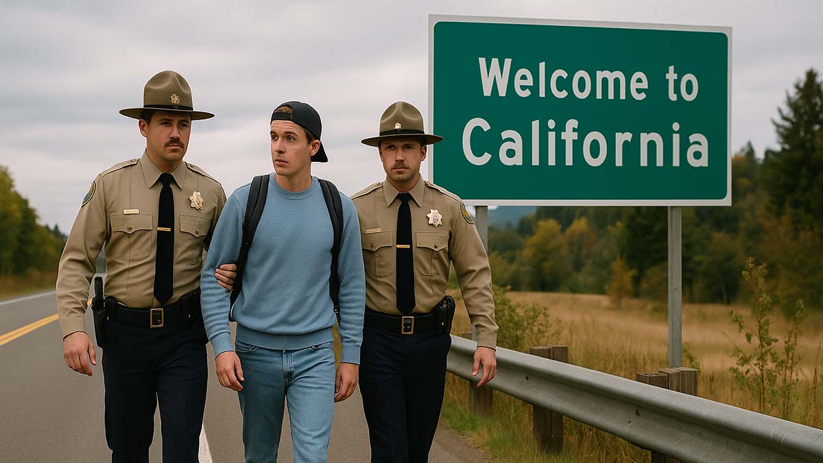 Oregon State Troopers escorting a confused tourist toward the California state border on a rural highway.