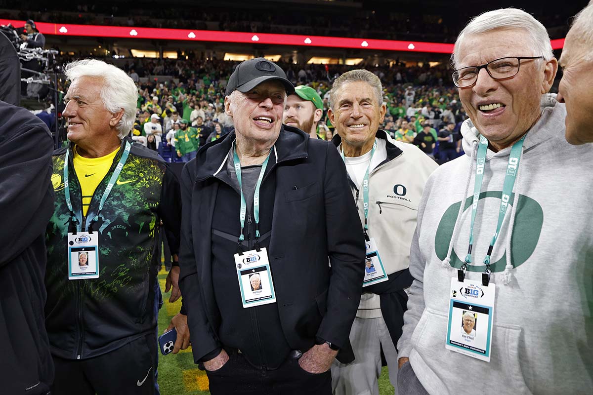 Phil Knight standing on the sidelines during the Oregon vs Penn State Big Ten Championship Game December 2024 AP Photo