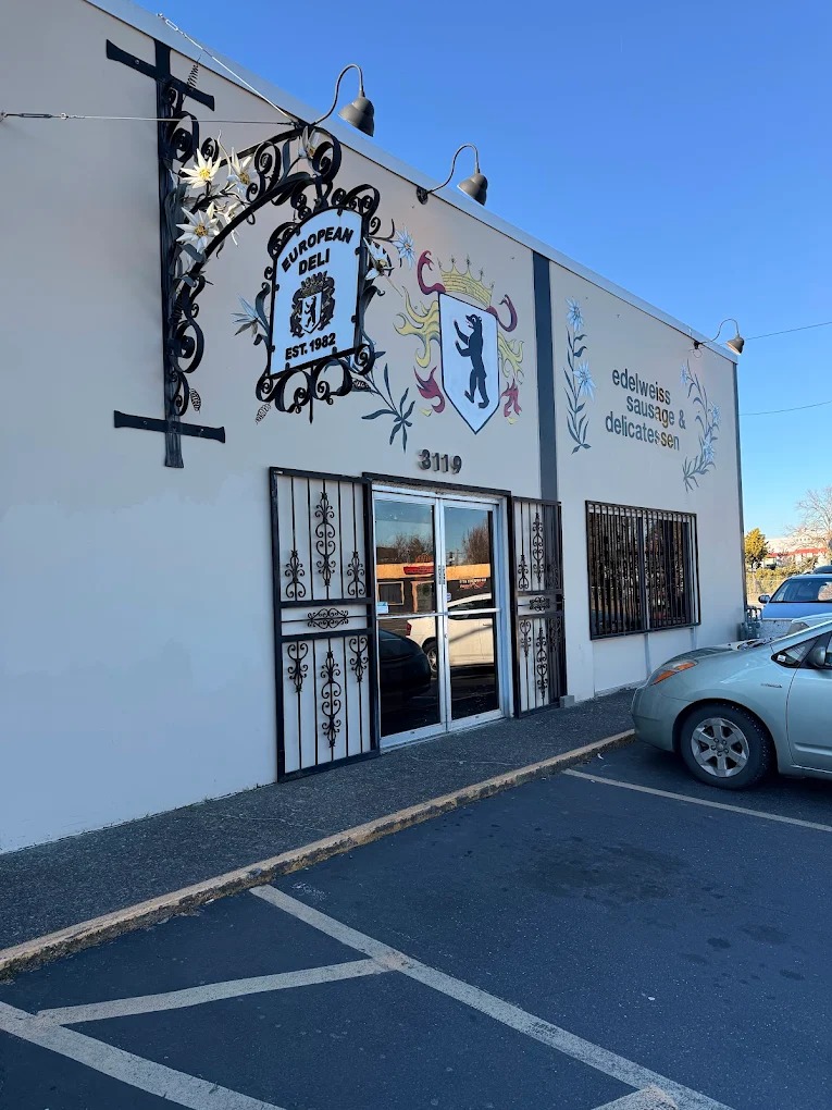 Exterior of Edelweiss Sausage and Delicatessen in Portland Oregon with old-world German signage