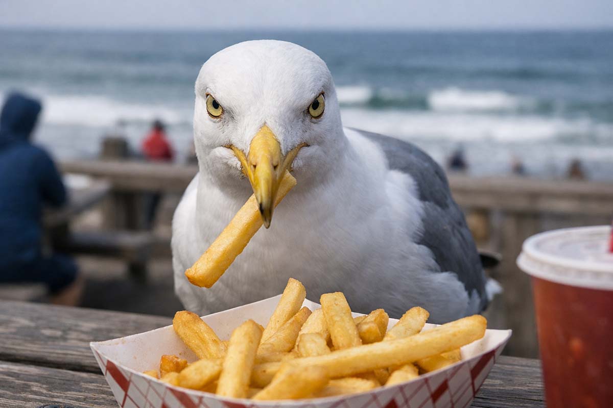 Seagull steals fry at seaside picnic Seagull steals fry at seaside picnic