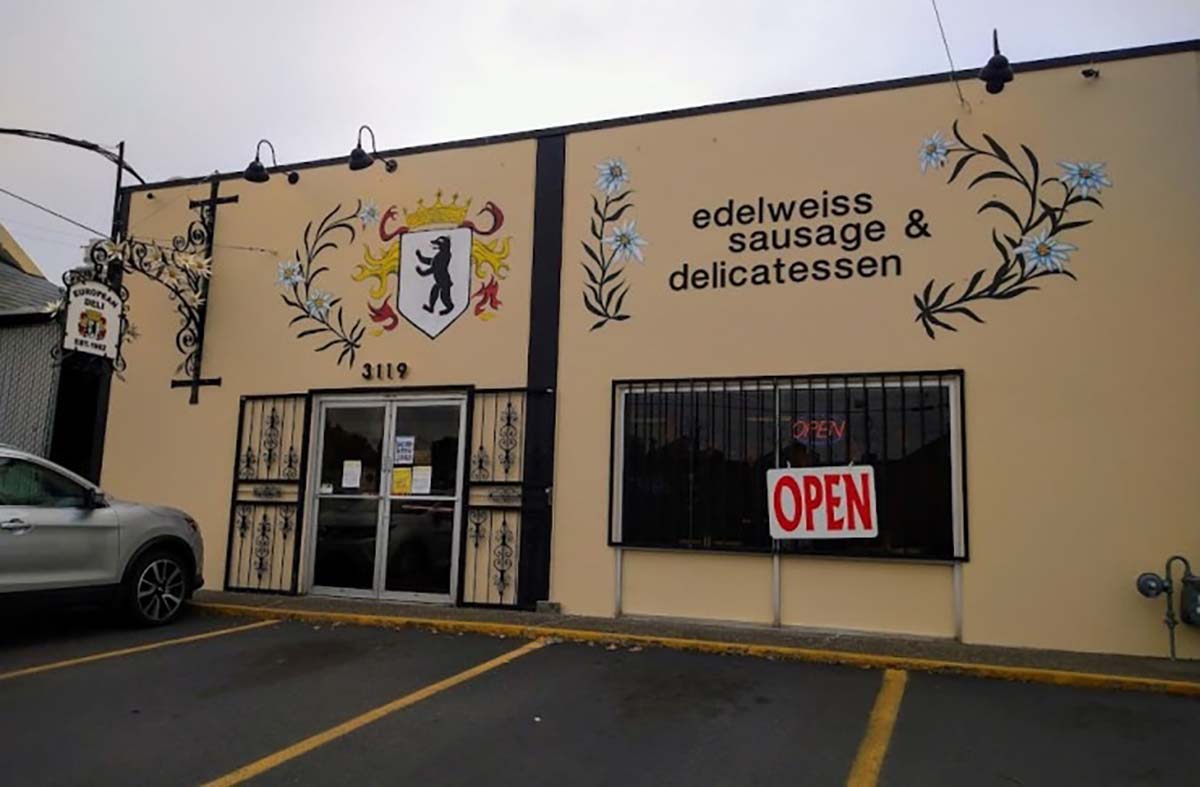 pdx_butcher_shop Exterior of Edelweiss Sausage and Delicatessen in Portland Oregon with old-world German signage