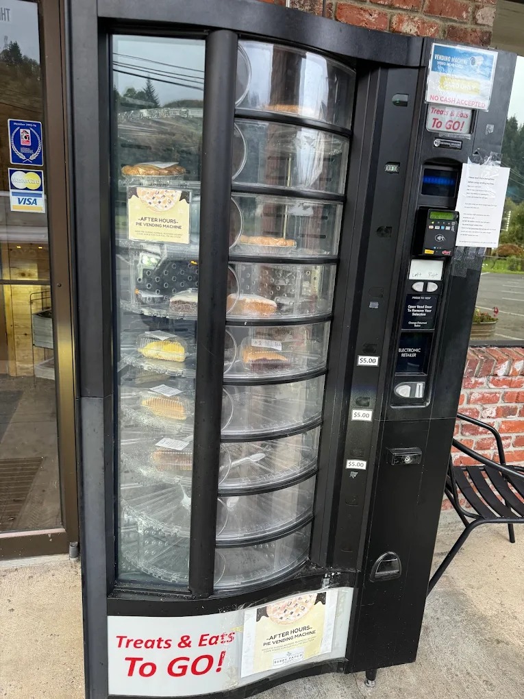 24 hour pie vending machine outside The Berry Patch Restaurant in Westport Oregon offering marionberry pies to go