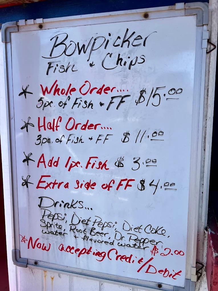 Bowpicker Fish and Chips menu board showing whole and half orders of albacore tuna in Astoria Oregon