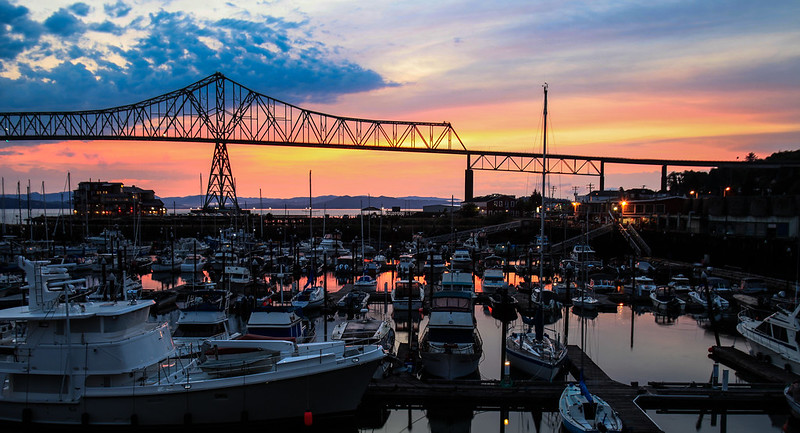 Astoria at sunset. In this picture you can see the bridge nad marina full of boats as the sun goes down. It's a pretty sight.