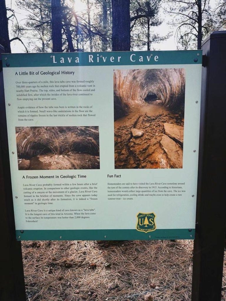 Lava River Cave geological history sign explaining formation of Oregon’s longest lava tube