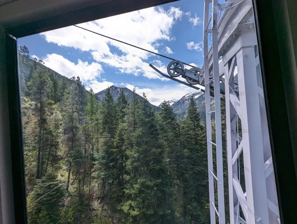 The view from inside a gondola on the Wallowa Mountain Tramway as it passes one of the towers that holds the cable.