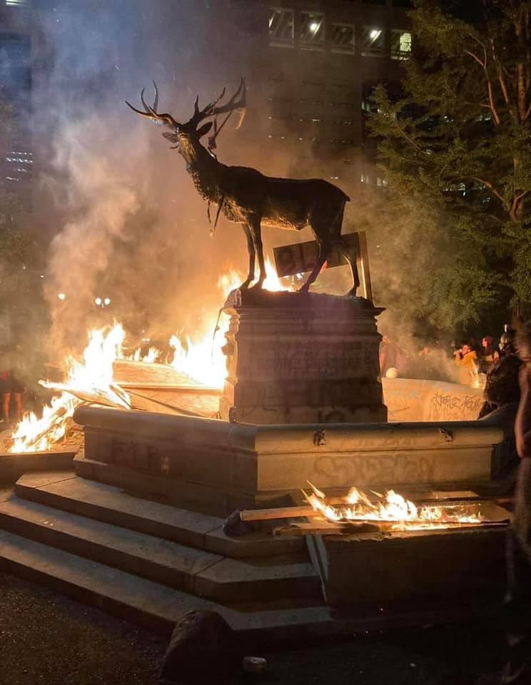 Thompson Elk Fountain, Portland Oregon, 2020 Riots, Graffiti, Statue Removed, Reinstallation Date, April 2026, Satire, Historical Momunment, Humor