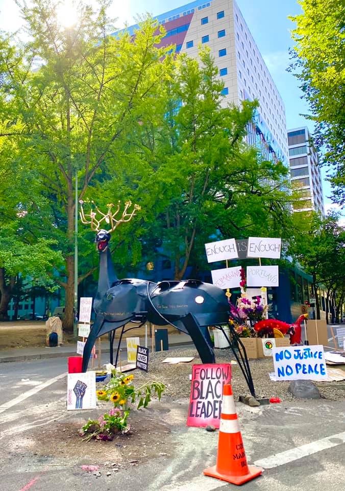 Thompson Elk Fountain, Portland Oregon, 2020 Riots, Graffiti, Statue Removed, Reinstallation Date, April 2026, Satire, Historical Momunment, Humor, Nightmare Elk