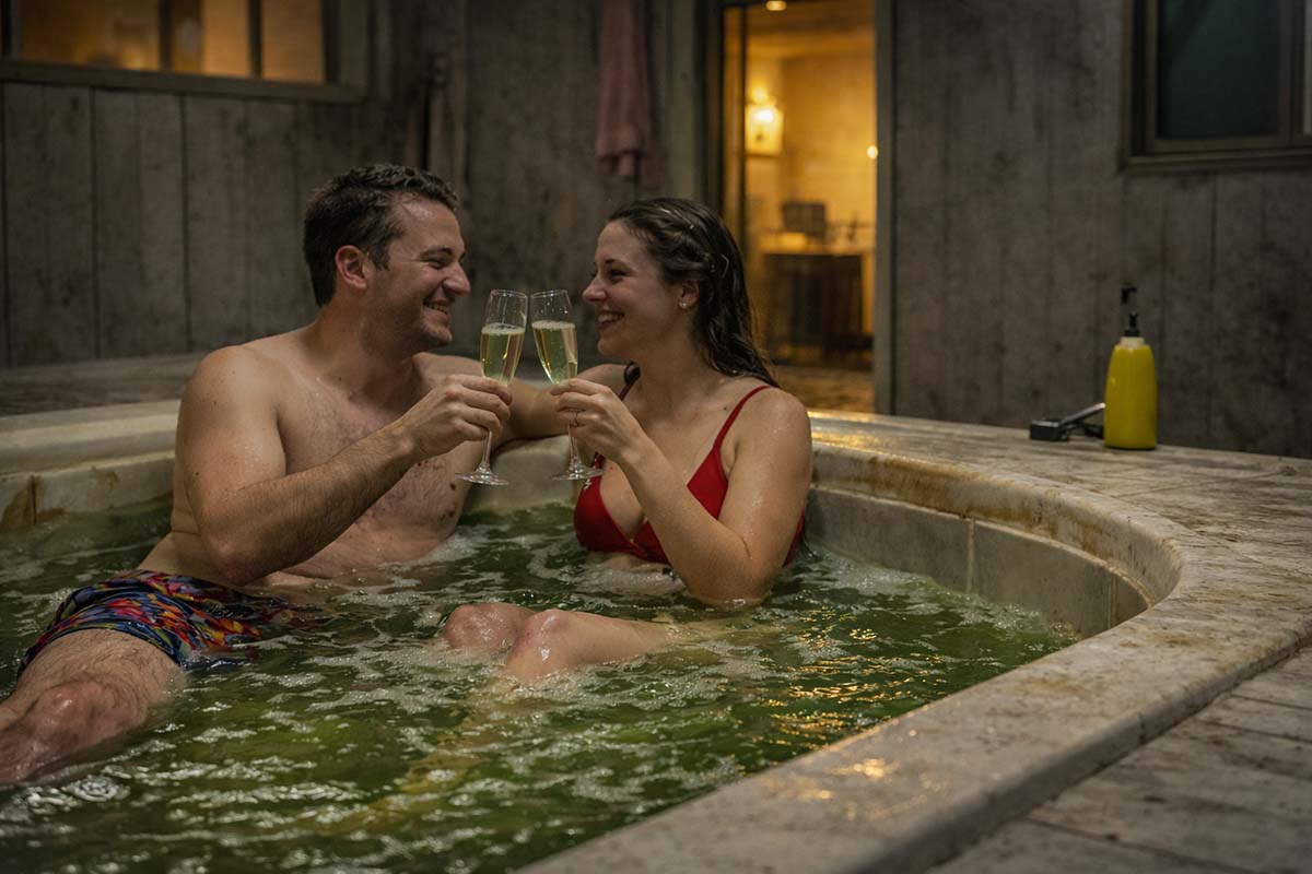 Champagne cheers in a dim hot tub
