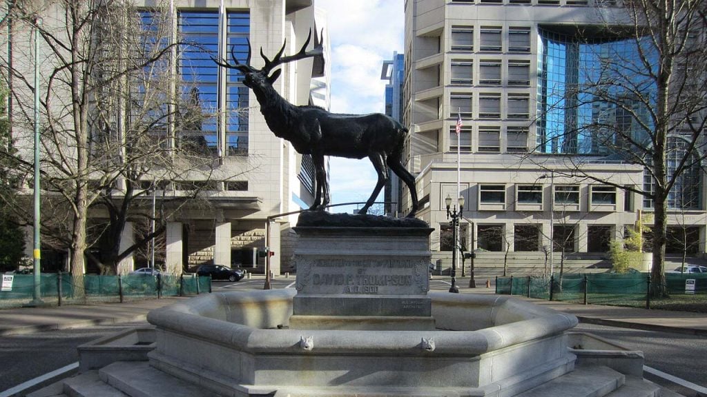 Thompson Elk Fountain, Portland Oregon, 2020 Riots, Graffiti, Statue Removed, Reinstallation Date, April 2026, Satire, Historical Momunment, Humor