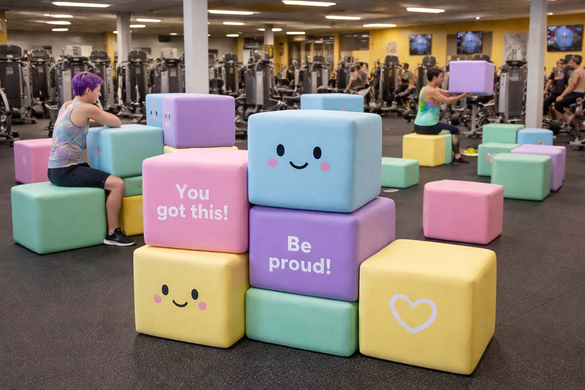 foam_cubes_portland_gym Portland gym where traditional barbells and heavy weights have been replaced with large pastel foam cubes. Several people stand around the gym floor casually lifting, stacking, or leaning on the soft cubes while workout equipment like racks and benches sit empty in the background.