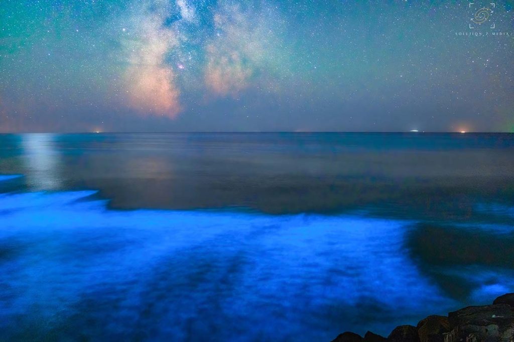 waves glowing neon blue from bioluminescent plankton on Oregon coast