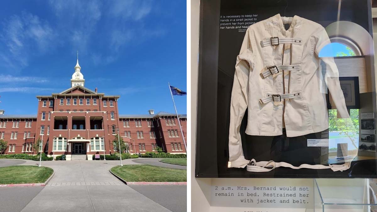 main_hospital Oregon State Hospital Kirkbride building exterior in Salem Oregon modern view of historic insane asylum architecture with flags and entrance
