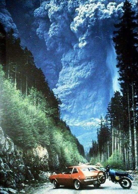 Mt. St. Helens Eruption, Viral Photo, Famous Images, True Stories, May 18 1980, Original Photograph, Not AI, Survivor Stories, Pacific Northwest Legends, PNW, Washington State, Red Ford Pinto, Dirt Bike, Ash Cloud, Volcano Car, Richard Dick Lasher