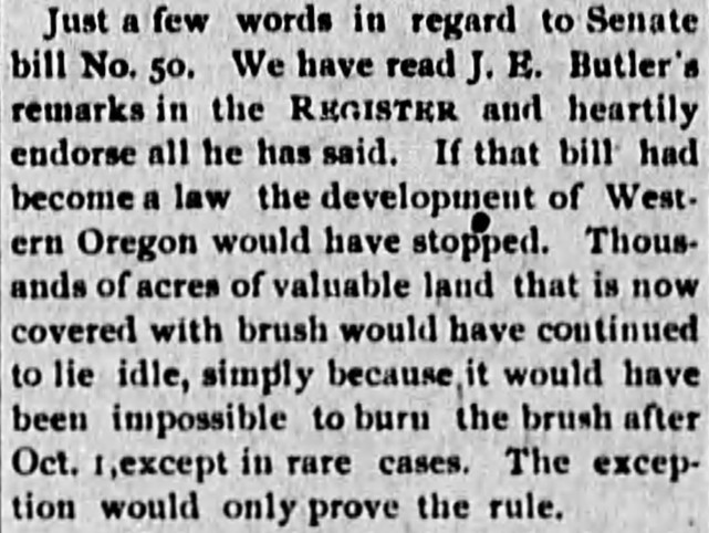 Oregon History, Wildfires, Debate, Old Newspaper Article, 1903, Hazel Dell, Oakridge, Upper Willamette, Arson, Senate Bill 50, Booth-Kelley, Forest Management, Eugene Guard, Tillamook Burn, Old Trails Fire