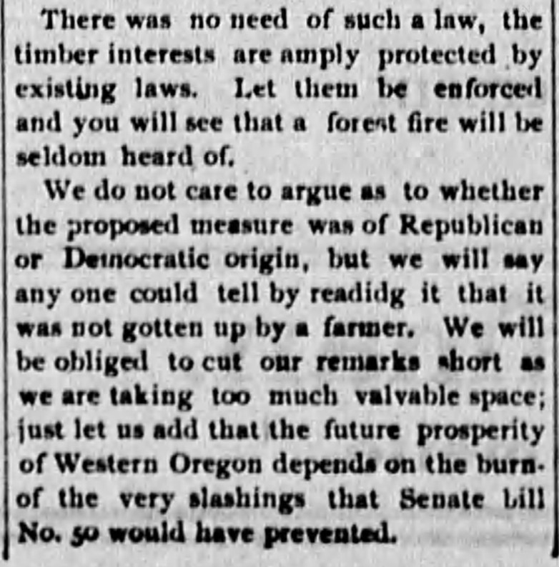 Oregon History, Wildfires, Debate, Old Newspaper Article, 1903, Hazel Dell, Oakridge, Upper Willamette, Arson, Senate Bill 50, Booth-Kelley, Forest Management, Eugene Guard, Tillamook Burn, Old Trails Fire