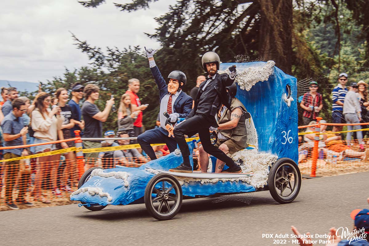 (c) Jason DeSomer Homemade soapbox racer speeding down the course during the Portland Adult Soapbox Derby at Mt. Tabor Park in Portland, Oregon.
