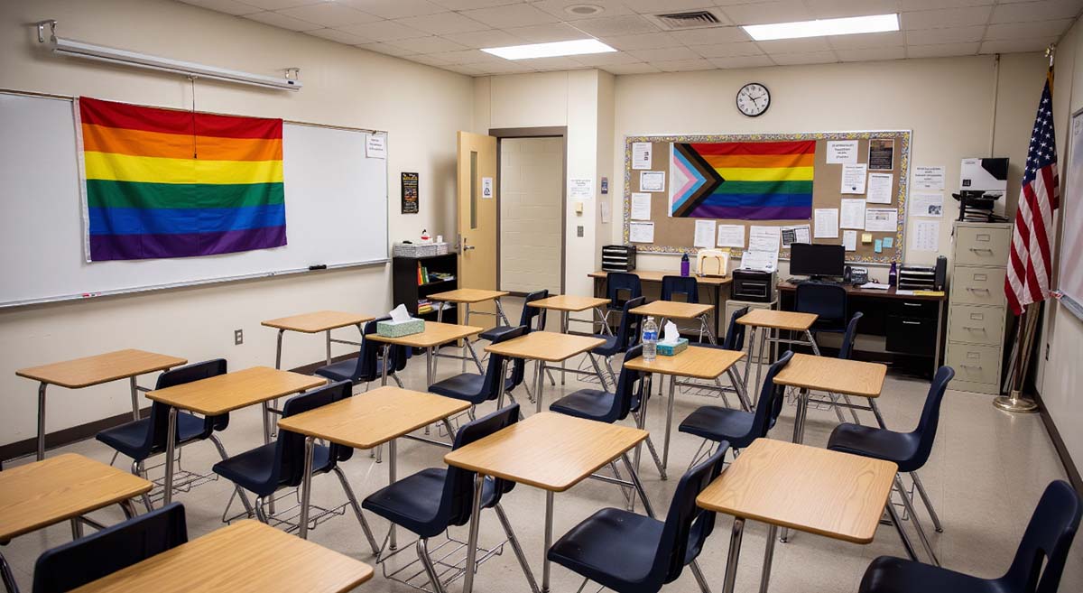gender lawsuit – 17 Empty public school classroom with rows of student desks, a Pride flag displayed on the wall, a whiteboard, and typical classroom furnishings.