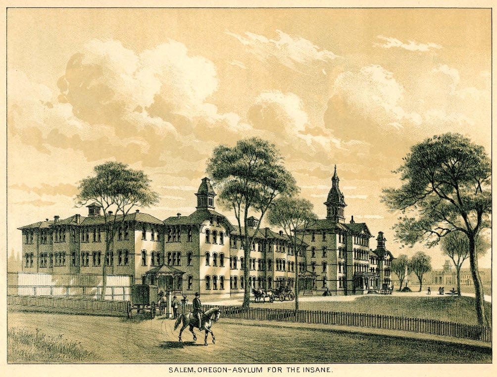 An 1885 illustration of the Oregon State Hospital in Salem, then called the Oregon State Insane Asylum