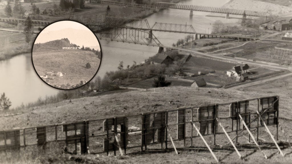 Springfield Oregon, Giant SPRINGFIELD sign, Forgotten History, Lost To Time, Location, Where Was It, Giant Finger Pointing, Railroad, Early 20th Century, 1910s, The Simpsons, Matt Groening, Rare Photos, Deep Dive, Lane County, Pacific Northwest, PNW, Willamette Heights