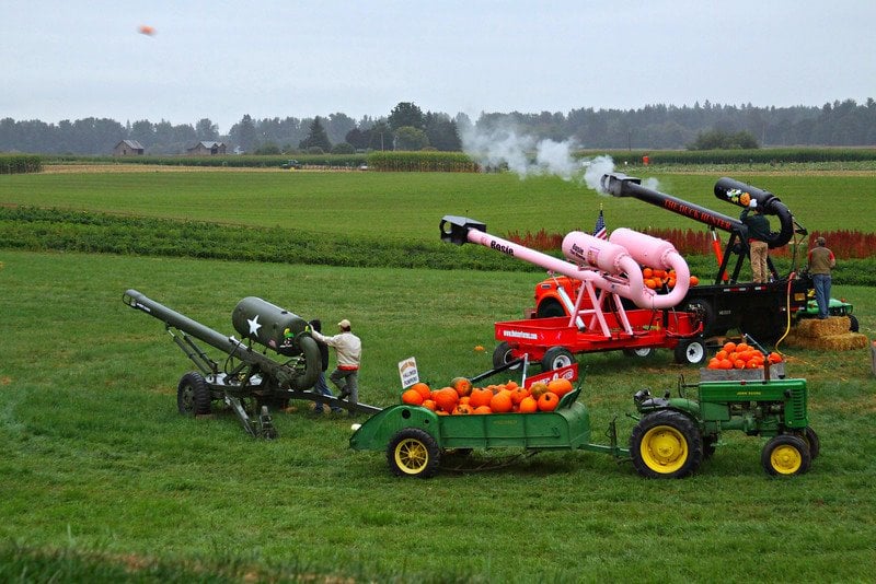Three pumpkin cannons at Heiser Farms in Dayton, Oregon